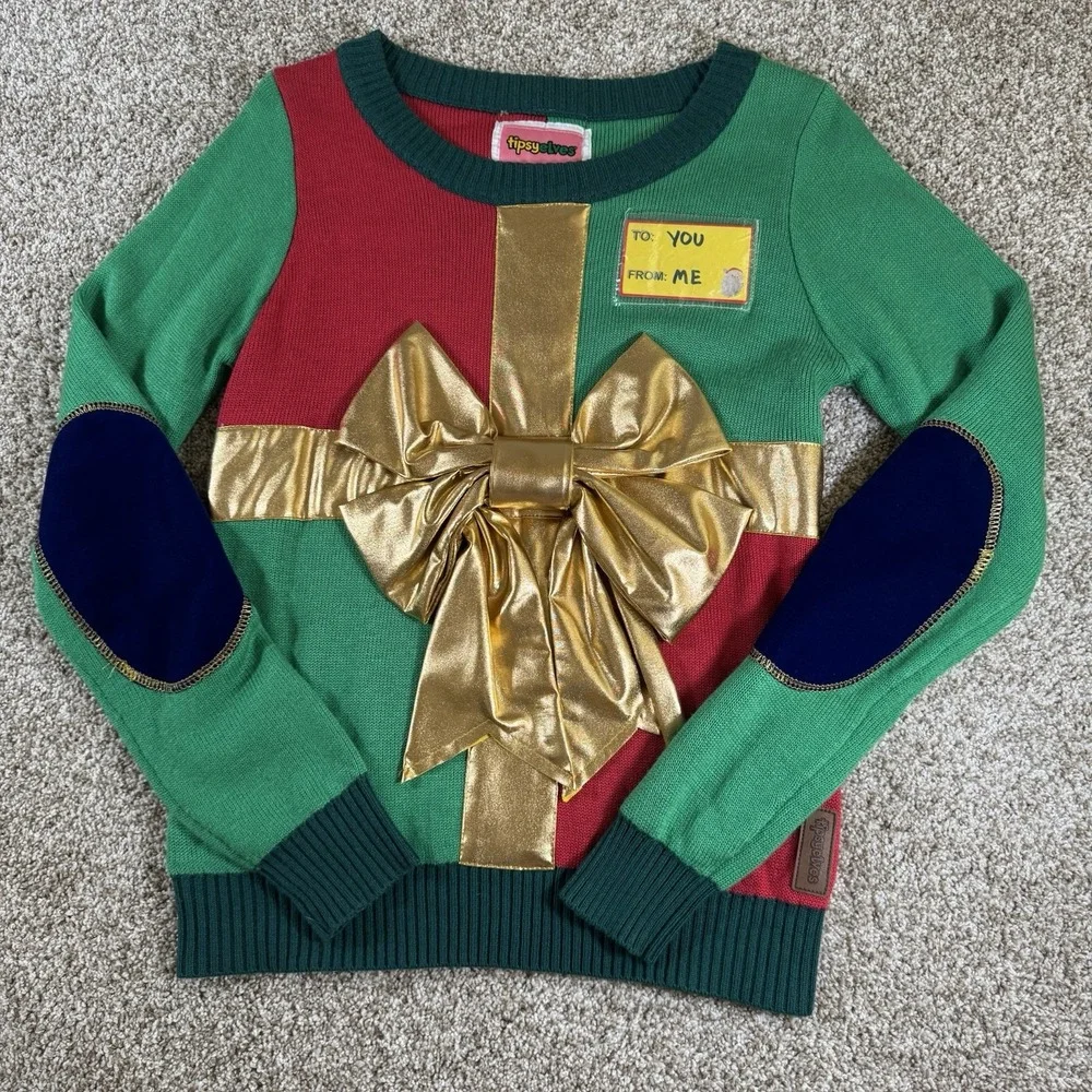 Tipsy Elves Ugly Christmas Sweater Present Gold Womens Pullover Size S
